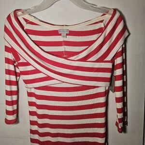 Belle Sky Off-the-Shoulder Red and White Striped Sweater